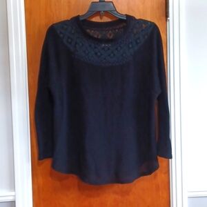 Maurice Sz.XL black lace & waffle weave light long sleeve top. Slightly sheer.